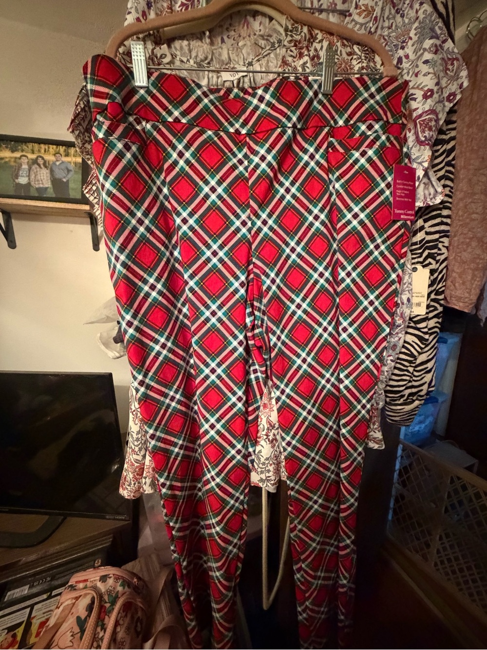 Kim Rogers Red Plaid Stretch Leggings with Teal Accents